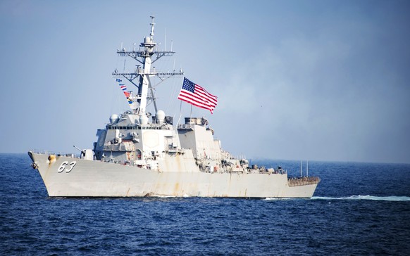 In this March 22, 2017, photo provided by U.S. Navy, U.S. Navy destroyer USS Stethem transits waters east of the Korean Peninsula during a photo exercise including the U.S. Navy and South Korean Navy  ...