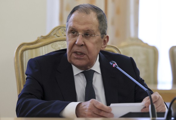 epa12274420 Russian Foreign Minister Sergey Lavrov speaks during a meeting with Syrian Foreign Minister Asaad Hassan al-Shibani (not pictured) as part of the latter&#039;s official visit to Moscow, Ru ...