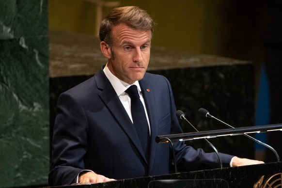 France&#039;s President Emmanuel Macron addresses the 80th session of the United Nations General Assembly, Tuesday, Sept. 23, 2025, at U.N. headquarters. (AP Photo/Angelina Katsanis)
UN General Assemb ...