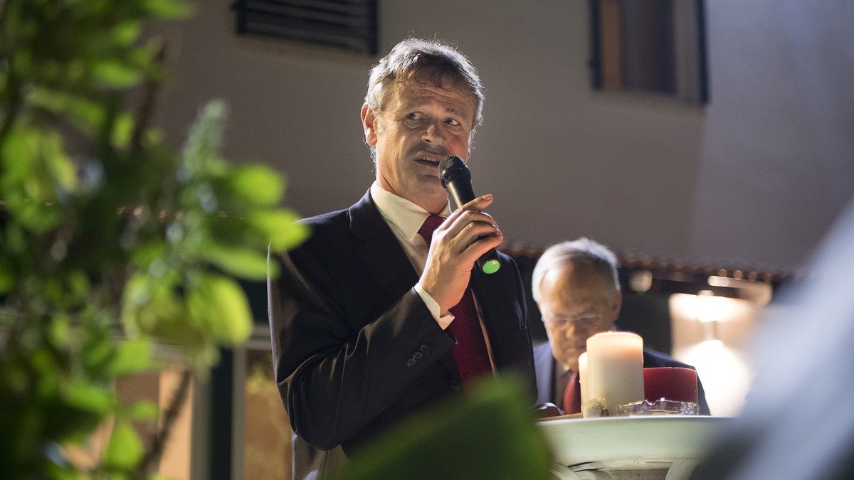 Jean-Daniel Ruch, ambassador of Switzerland in Israel, speaks during a reception at the Swiss residence in Ramat Gan, Israel, within a working visit of a Swiss delegation to Israel and the Palestinian ...