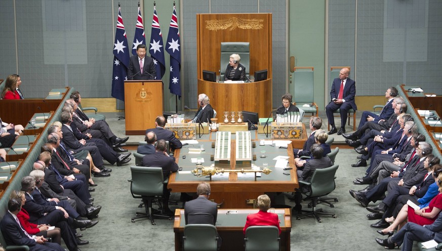 Chinese President Xi Jinping delivers a speech at the Federal Parliament of Australia in Canberra, capital of Australia, Nov. 17, 2014. ) (wjq) AUSTRALIA-CANBERRA-CHINA-XI JINPING-PARLIAMENT-SPEECH Xi ...