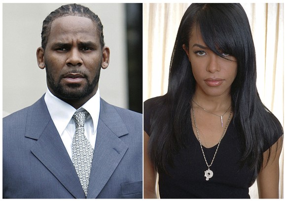 This combination photo shows singer R. Kelly after the first day of jury selection in his child pornography trial at the Cook County Criminal Courthouse in Chicago on May 9, 2008, left, the late R&amp ...