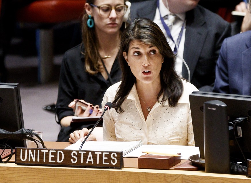 epa06739189 Nikki Haley, the United StatesÕ Permanent Representative to the United Nations, speaks during an United Nations Security Council meeting in response to the violence at the border between G ...