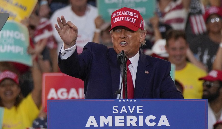 FILE - Former President Donald Trump speaks at a campaign rally in support of the campaign of Sen. Marco Rubio, R-Fla., at the Miami-Dade County Fair and Exposition on Nov. 6, 2022, in Miami. Allies o ...