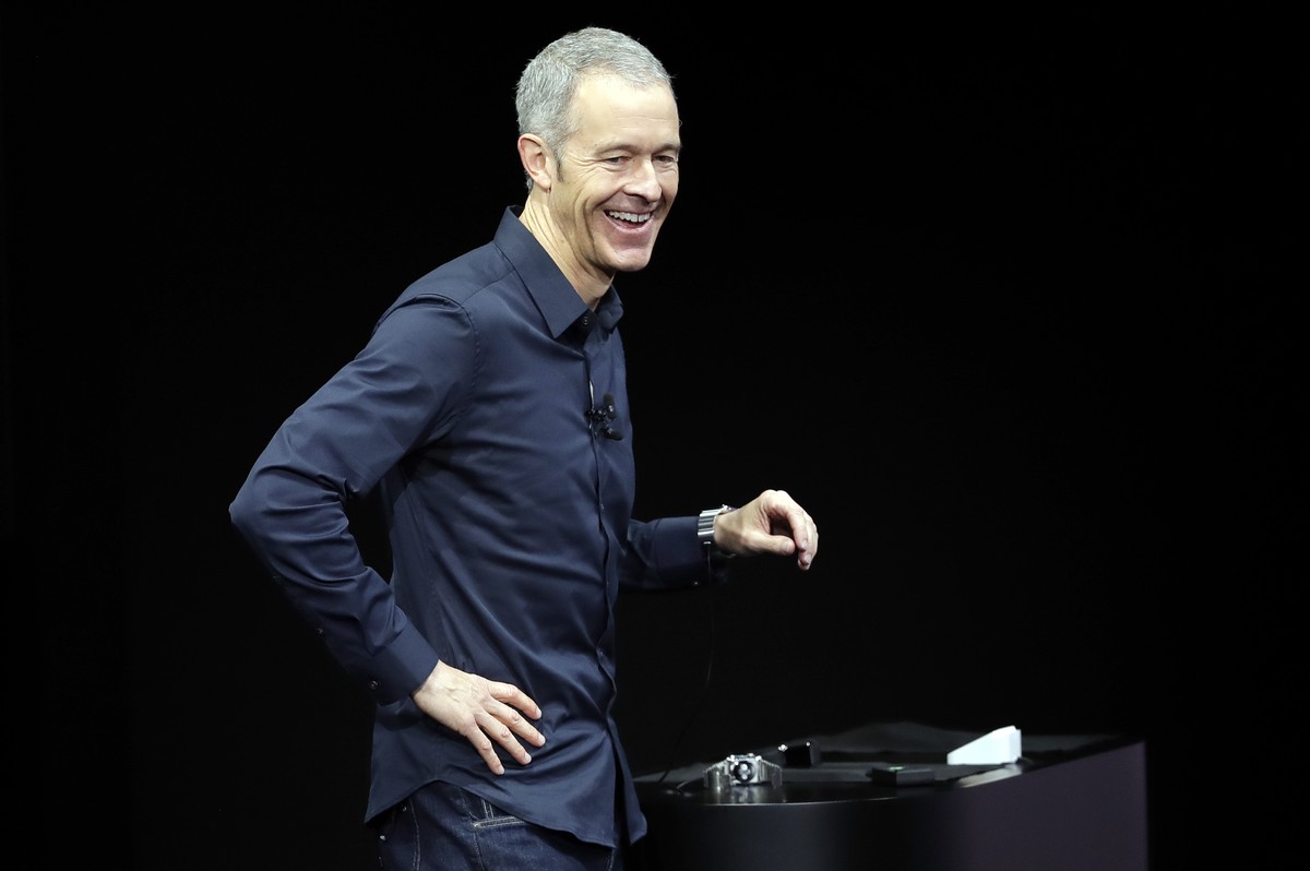 Jeff Williams, Apple's chief operating officer, shows new Apple Watch Series 3 product at the Steve Jobs Theater on the new Apple campus on Tuesday, Sept. 12, 2017, in Cupertino, Calif. (AP Photo ...