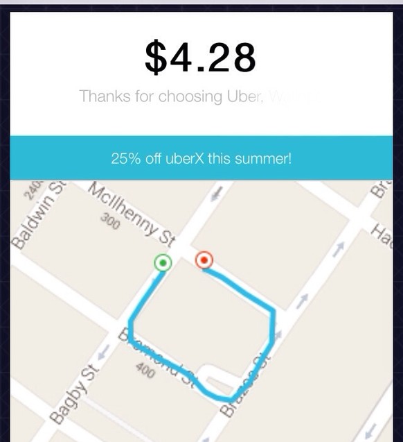 Die vielleicht kürzeste Fahrt mit Uber von einer Bar in die nächste in Houston, Texas.