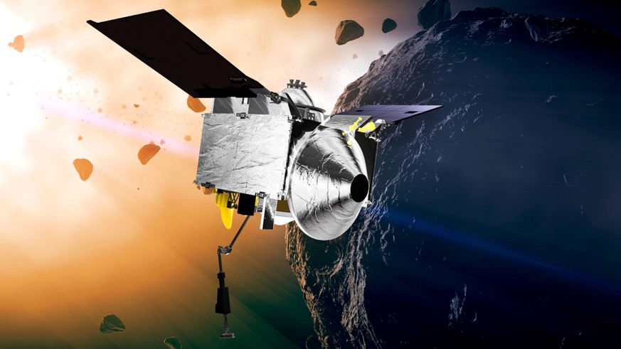 FILE - This illustration provided by NASA shows the OSIRIS-REx spacecraft on the asteroid Bennu.  On Sunday, September 24, 2023, the spacecraft will fly by Earth and drop off what is expected to be on the ground.