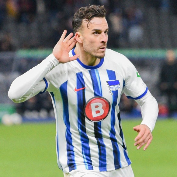 DFB Pokal, Hertha BSC vs 1. FSV Mainz 05. Berlin, 01.11.2023 Jubel zum 3:0 durch Haris Tabakovic Hertha BSC, 25 DFB Pokal, Hertha BSC vs 1. FSV Mainz 05, Olympiastadion, Berlin, 01.11.2023 DFL REGULAT ...