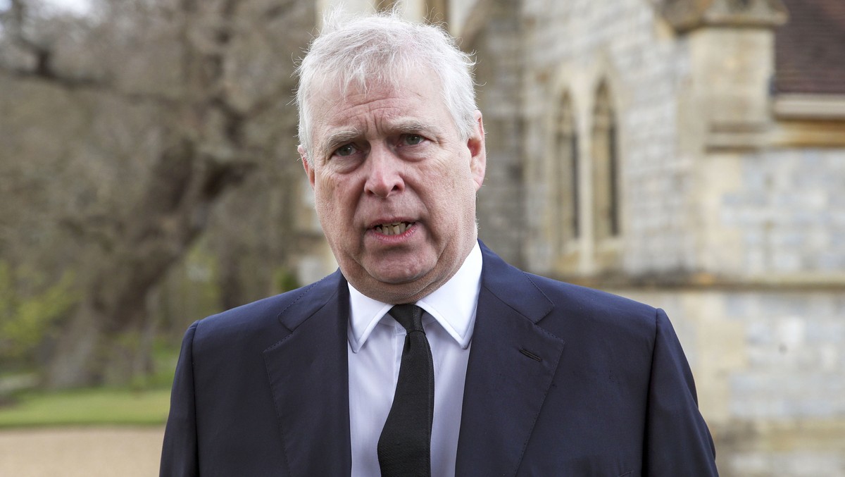 FILE - Britain's Prince Andrew speaks during a television interview at the Royal Chapel of All Saints at Royal Lodge, Windsor, April 11, 2021. Lawyers for Prince Andrew and Virginia Giuffre have  ...