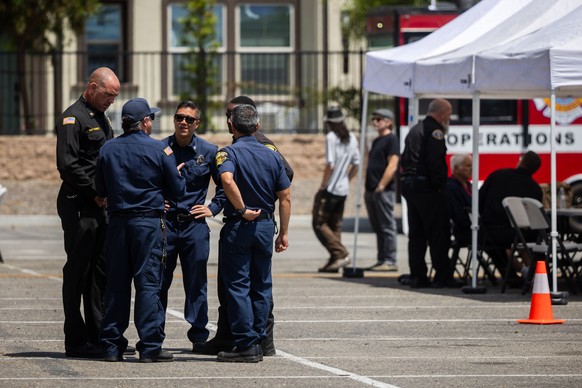 Emergency personnel work at the incident command post at the Los Alamitos Race Course in Cypress, Calif., on Sunday, May 24, 2026. (AP Photo/Ethan Swope)
Southern California Chemical Tank