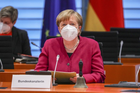 epa09048082 German Chancellor Angela Merkel takes part in the German federal government's weekly cabinet meeting at the Chancellery, Berlin, Germany, 03 March 2021. Among the issues on the agenda are  ...