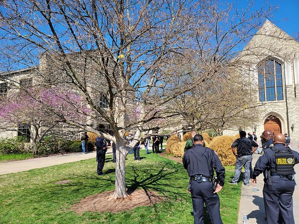 epa10545728 A handout photo made available by the Metro Nashville Police Department shows the scene outside the Covenant School, Covenant Presbyterian Church following a shooting in Nashville, Tenness ...