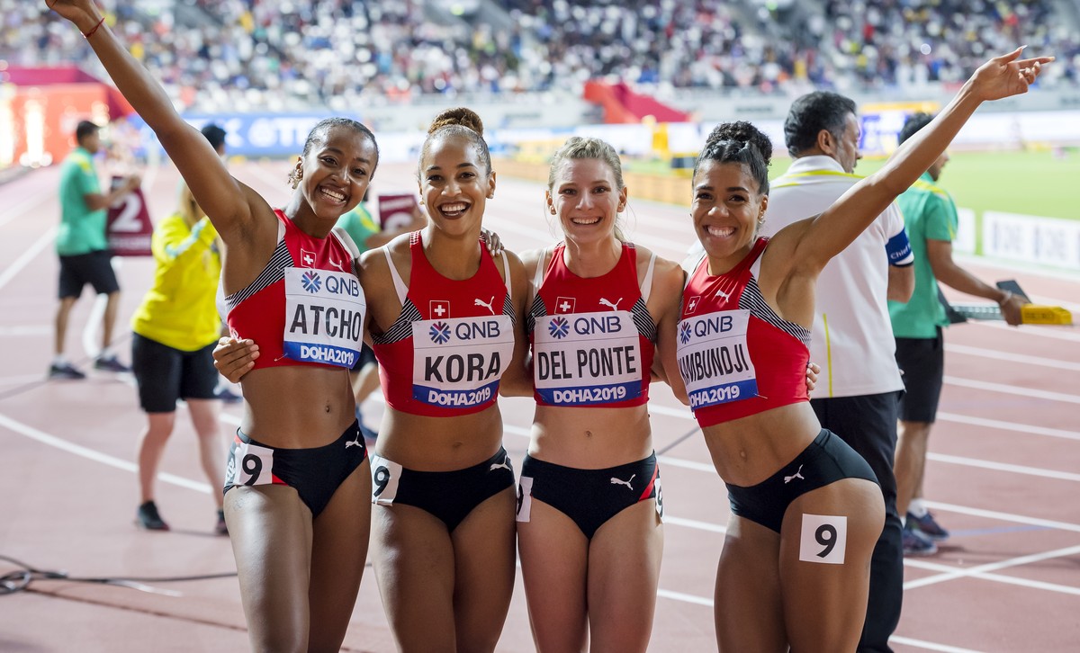From left to right, Sarah Atcho, Salome Kora, Ajla Del Ponte, Mujinga Kambundji from Switzerland react during the women's 4x100 meters relay final at the IAAF World Athletics Championships, at th ...