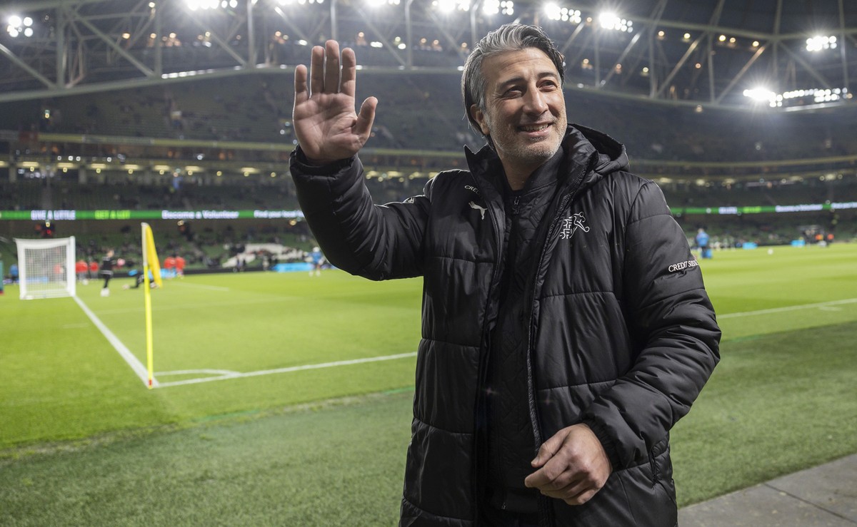 Switzerland's head coach Murat Yakin gestures ahead of the international friendly soccer match between Ireland and Switzerland at the Aviva Stadium in Dublin, Ireland, Tuesday, March 26, 2024. (K ...