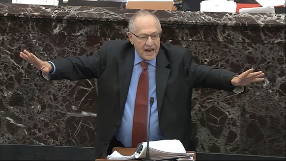 In this image from video, Alan Dershowitz, an attorney for President Donald Trump answers a question during the impeachment trial against Trump in the Senate at the U.S. Capitol in Washington, Wednesd ...