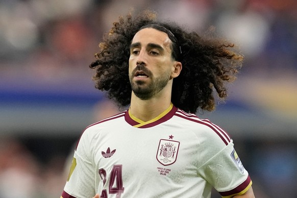 Spain's Marc Cucurella (24) during the World Cup semifinal soccer match between France and Spain in Arlington, Texas, near Dallas, Tuesday, July 14, 2026. (AP Photo/Tony Gutierrez)
Marc Cucurella