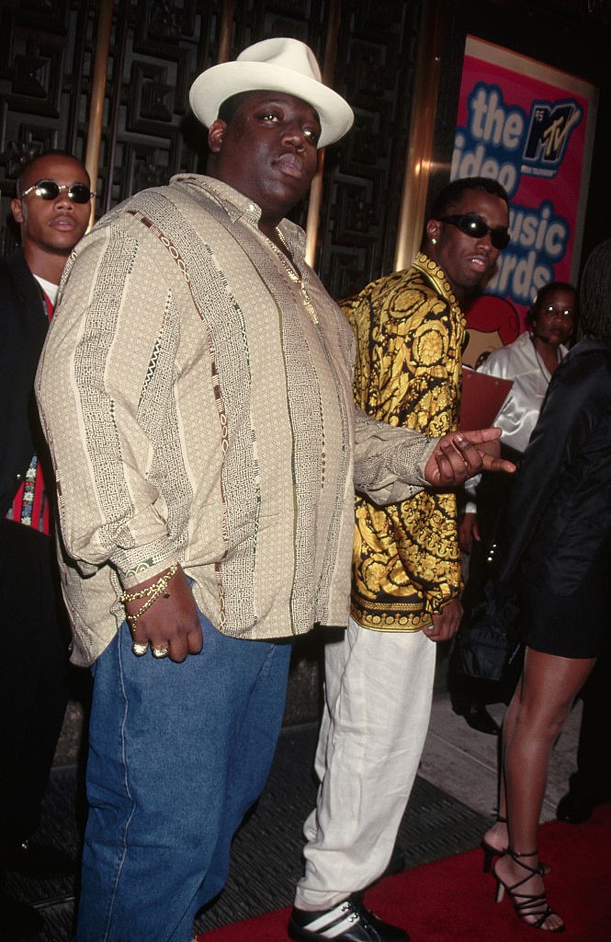 East Coast gangsta rapper Chris Wallace, known as The Notorious B.I.G., attends the MTV Video Music Awards with songwriter Sean "Puffy" Combs. (Photo by Mitchell Gerber/Corbis/VCG via Getty  ...
