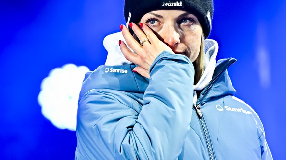 Lara Gut-Behrami of Switzerland reacts during the medals ceremony of the women&#039;s giant slalom race at the 2023 FIS Alpine Skiing World Championships in Courchevel/Meribel, France, Thursday, Febru ...
