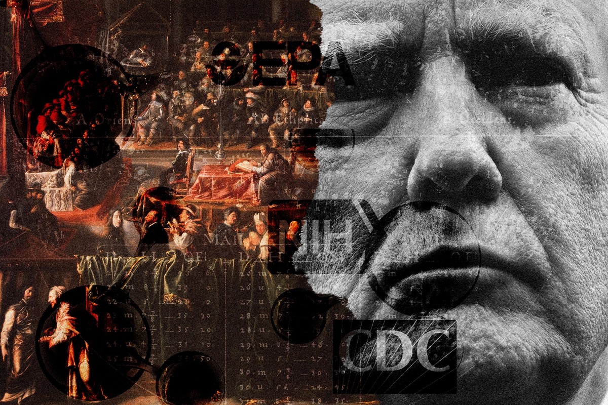 Fotomontage: Donald Trump rechts neben einen angeschnittenen Gemälde vom Gerichtsverfahren gegen Galileo von 1633. Darübergelegt sind Logos der EPA, NIH und CDC