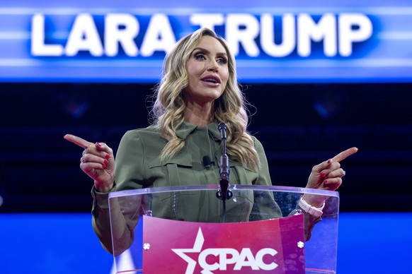 epa11173128 Lara Trump, former campaign advisor to former President Donald Trump, delivers remarks during the Conservative Political Action Conference (CPAC) 2024 in National Harbor, Maryland, USA, 22…