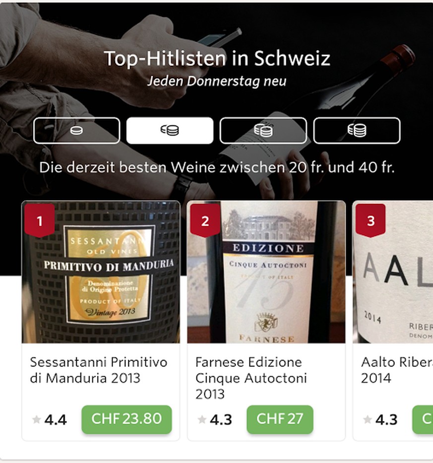 Die besten Weine in der Schweiz zwischen 20 und 40 Franken laut Vivino. Bild: screenshot.