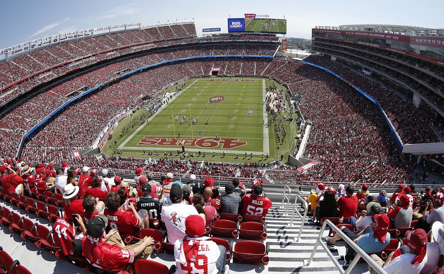 FILE - Fans watch during the first half of an NFL football game between the San Francisco 49ers and the Carolina Panthers at Levi&#039;s Stadium in Santa Clara, Calif., Sunday, Sept. 10, 2017. There a ...