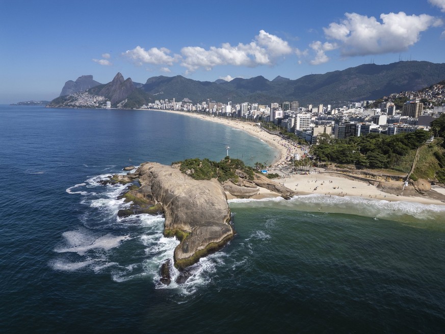 Beautiful aerial view to rocky point in Ipanema beach Rio de Janeiro, State of Rio de Janeiro, Brazil R_GNUJ250401FA-1697216-01