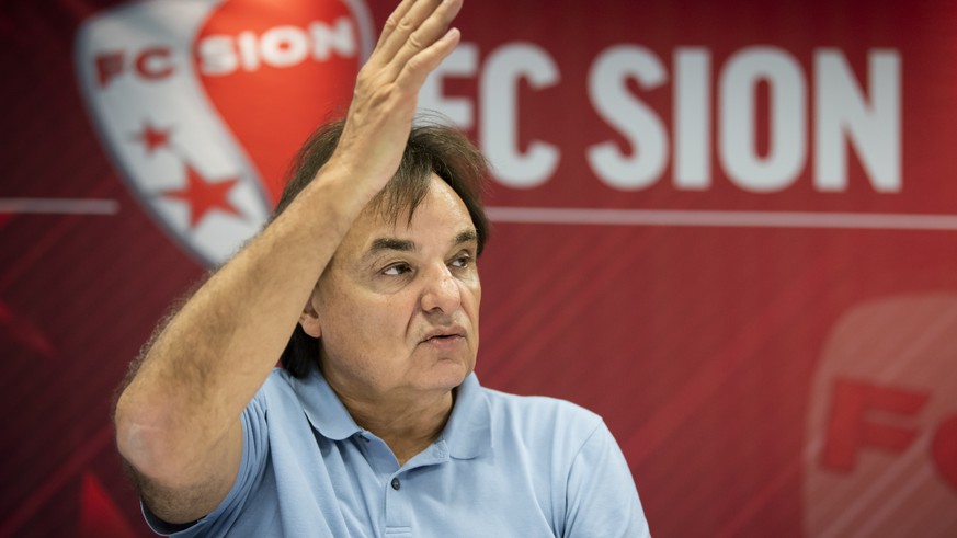 Christian Constantin, le president du FC Sion, parle lors d&#039;une conference de presse le jeudi 24 septembre 2020 a Martigny. (KEYSTONE/Jean-Christophe Bott)