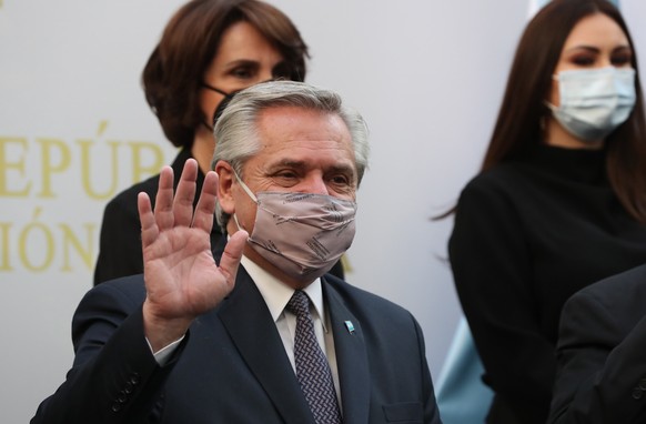 epa09032969 President of Argentina, Alberto Fernandez, gestures during his visit to the Senate of the Republic in Mexico City, Mexico, 23 February 2021. Fernandez made statements on the inequalities b ...