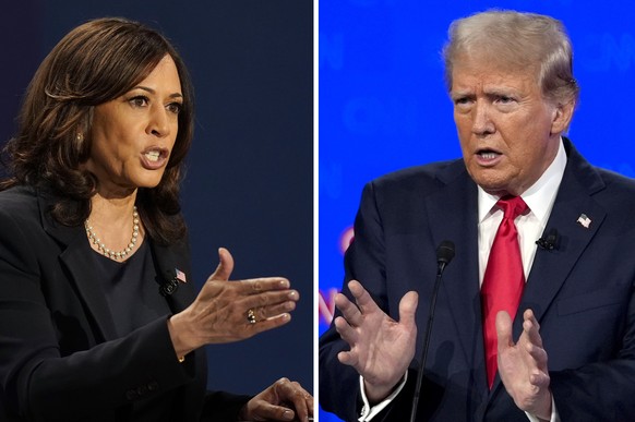 FILE - In this combination image, Democratic vice presidential candidate Sen. Kamala Harris, D-Calif., speaks during a debate, Oct. 7, 2020, in Salt Lake City, left, and Republican presidential candid ...
