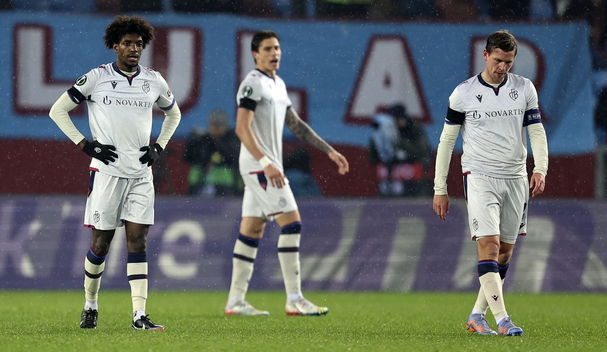 Basel players react after Trabzonspor's Jens Stryger Larsen scores his side's opening goal during a Europa Conference League playoff first leg soccer match between Trabzonspor and Basel at t ...