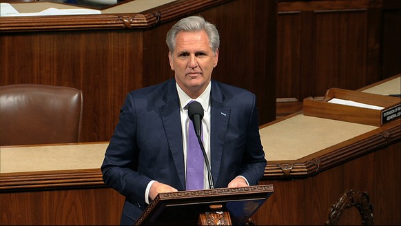 House Minority Leader Kevin McCarthy of Calif., speaks as the House of Representatives debates the articles of impeachment against President Donald Trump at the Capitol in Washington, Wednesday, Dec.  ...