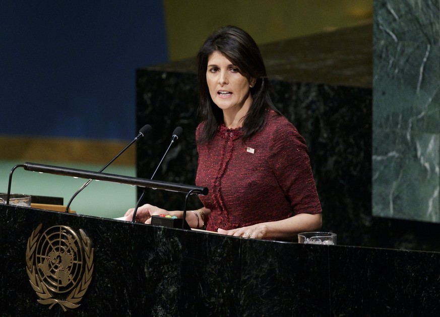 epa06401766 US Ambassador to the United Nations Nikki Haley speaks during an United Nations General Assembly emergency special session to vote on a non-binding resolution condemning recent decisions a ...