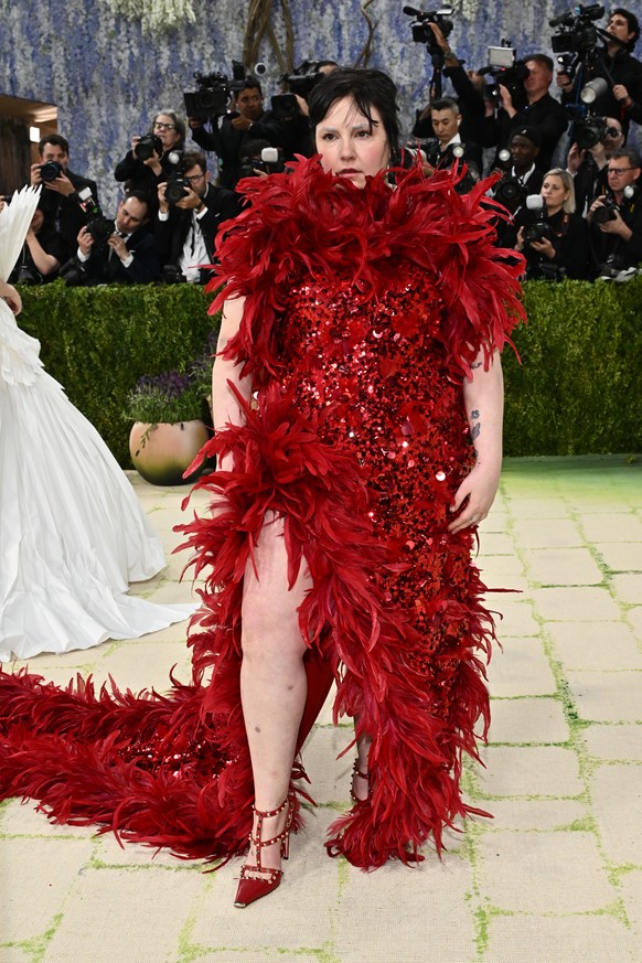 Lena Dunham arrives at The Metropolitan Museum of Art's Costume Institute benefit gala celebrating the opening of the "Costume Art" exhibition on Monday, May 4, 2026, in New York. (Phot ...