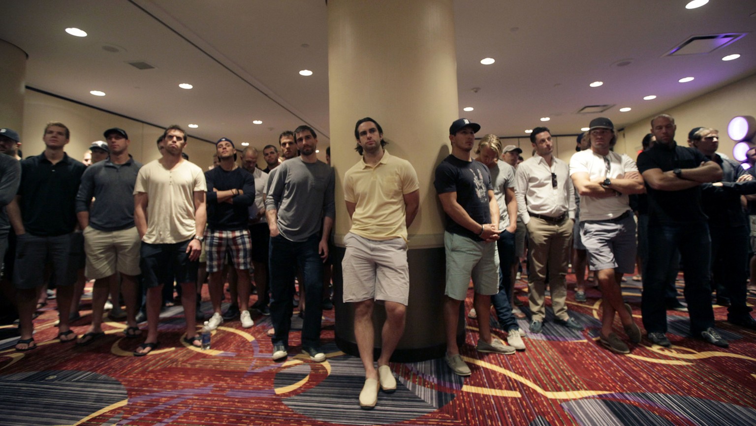 NHL hockey players watch as NHL Players Association executive director Donald Fehr speaks at a news conference in New York, Thursday, Sept. 13, 2012. With a lockout looking increasingly certain, the N ...