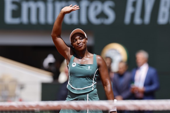 Sloane Stephens of the U.S. celebrates winning her first round match of the French Open tennis tournament against Karolina Pliskova of the Czech Republic in two sets, 6-0, 6-4, at the Roland Garros st ...