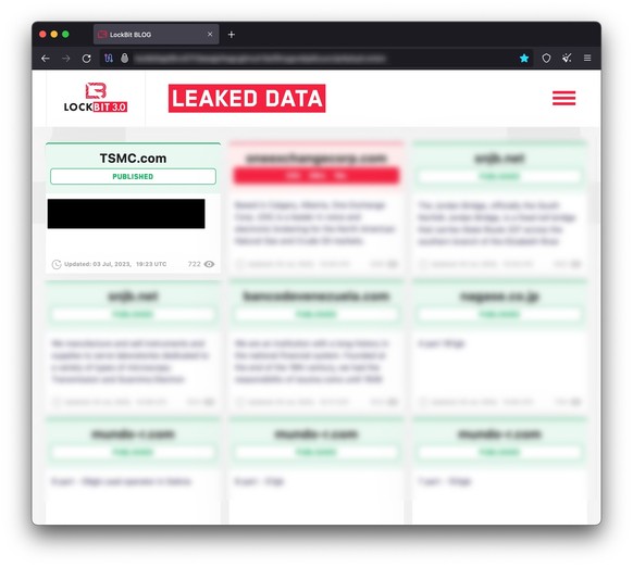 LockBit vs. TSMC, Screenshot der Leak-Site im Darknet.
