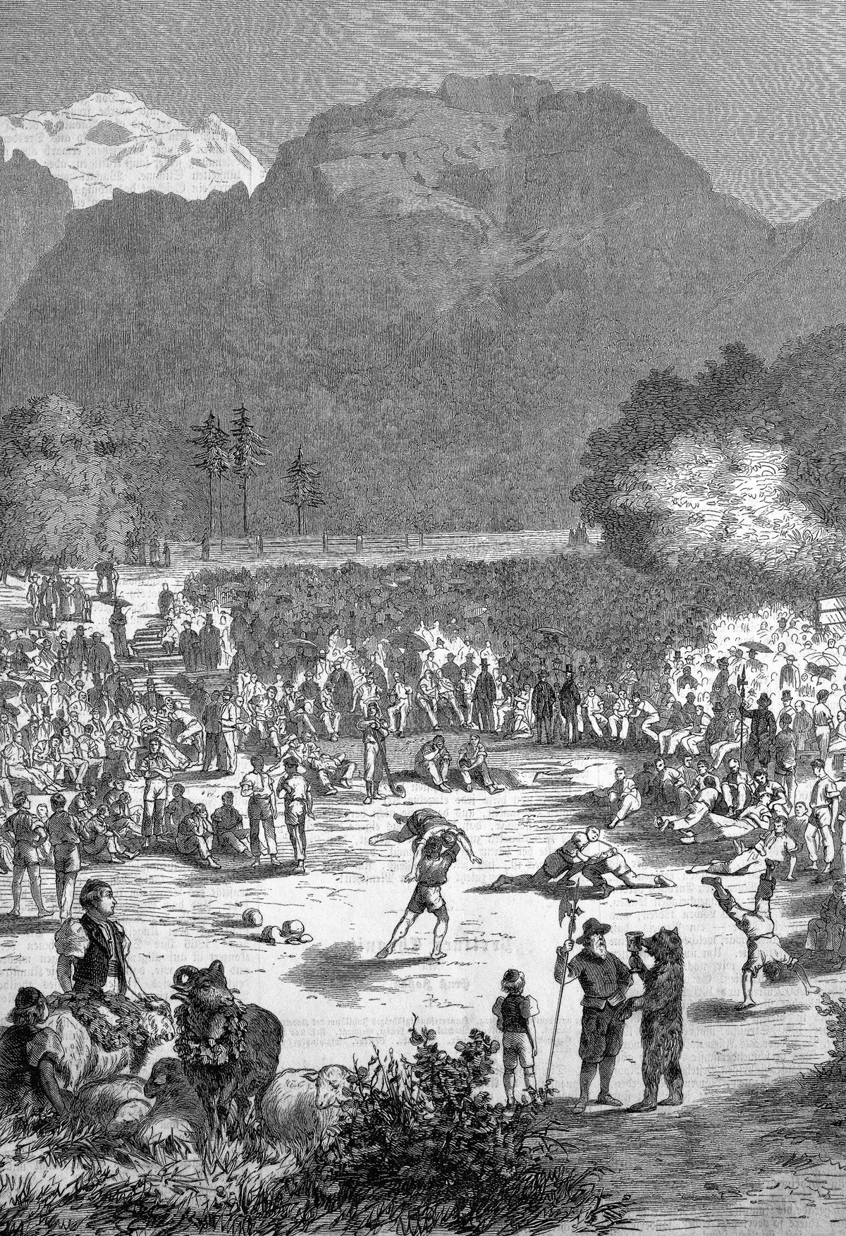 A Schwingerfest at Interlaken, Switzerland, Schwingen also known as Swiss wrestling and Hoselupf, breeches-lifting, is a style of folk wrestling native to Switzerland / Ein Schwingerfest in Interlaken ...
