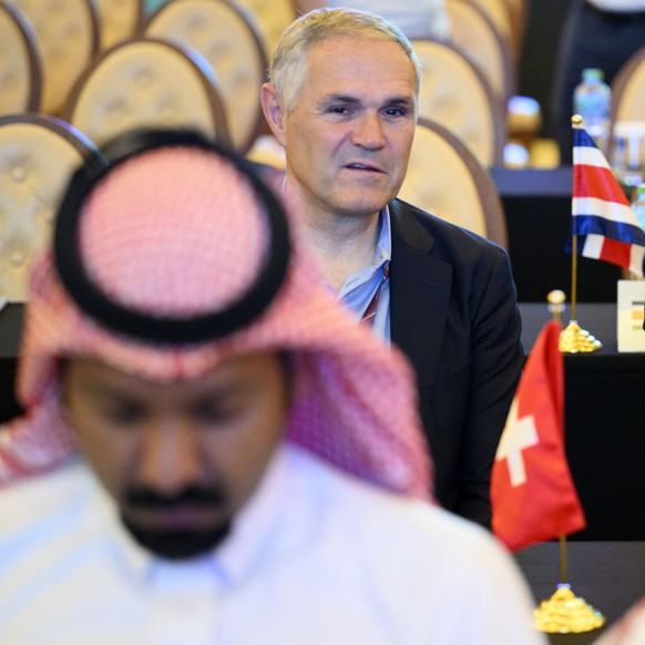 Switzerland&#039;s soccer national team head coach Murat Yakin, right, and Switzerland&#039;s national soccer teams director Pierluigi Tami, left, are pictured during the Team Seminar on the sideline  ...