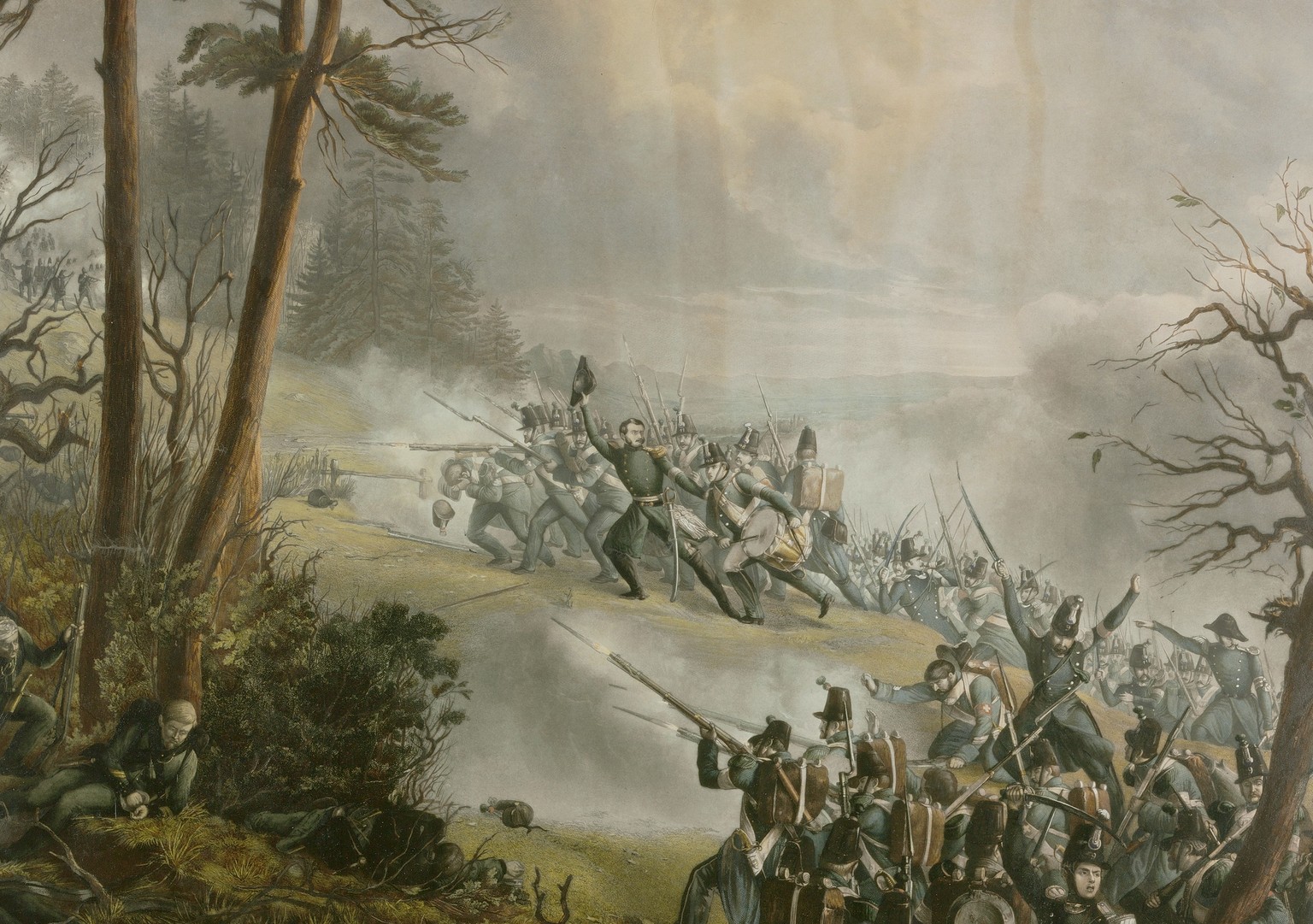 Sonderbundskrieg: Die Bataillone 9 und 11 von Zürich erstürmen den Rooter-Berg bei Gisikon, 1847.
