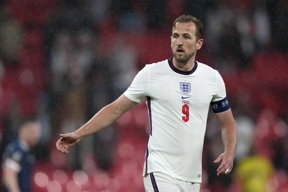 England&#039;s Harry Kane gestures during the Euro 2020 soccer championship group D match between England and Scotland at Wembley stadium in London, Friday, June 18, 2021. (AP Photo/Frank Augstein, Po ...