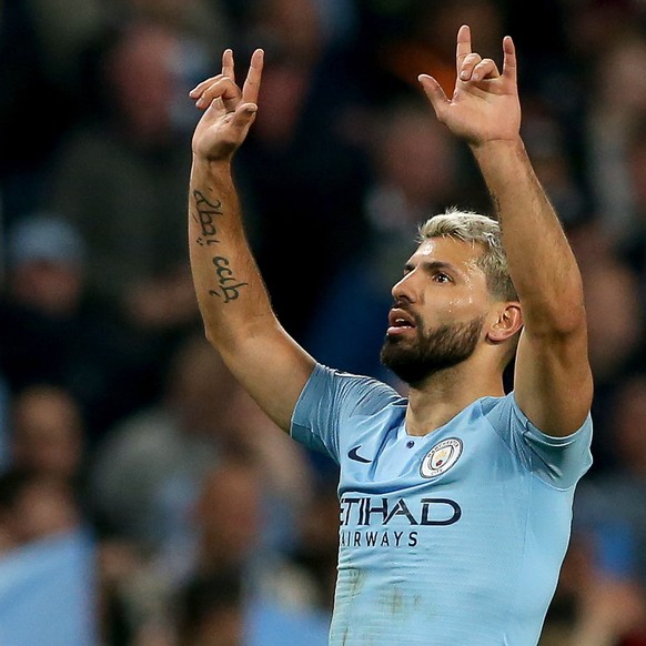 epa07512882 Manchester City&#039;s Sergio Aguero celebrates scoring a goal during the UEFA Champions League quarter final second leg match between Manchester City and Tottenham Hotspur at the Etihad S ...