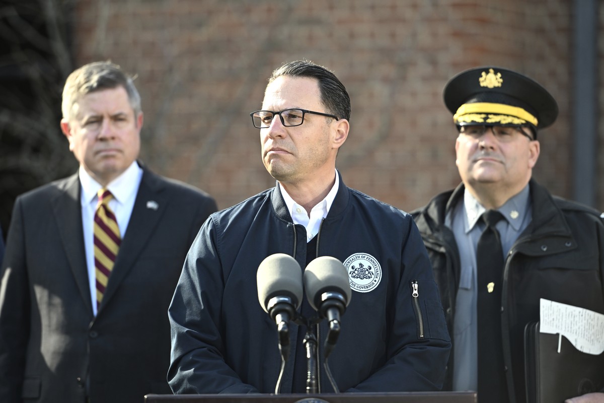 Pennsylvania Gov. Josh Shapiro pauses during a news conference at the governor's official residence discussing the alleged arson that forced him, his family and guests to flee in the middle of th ...
