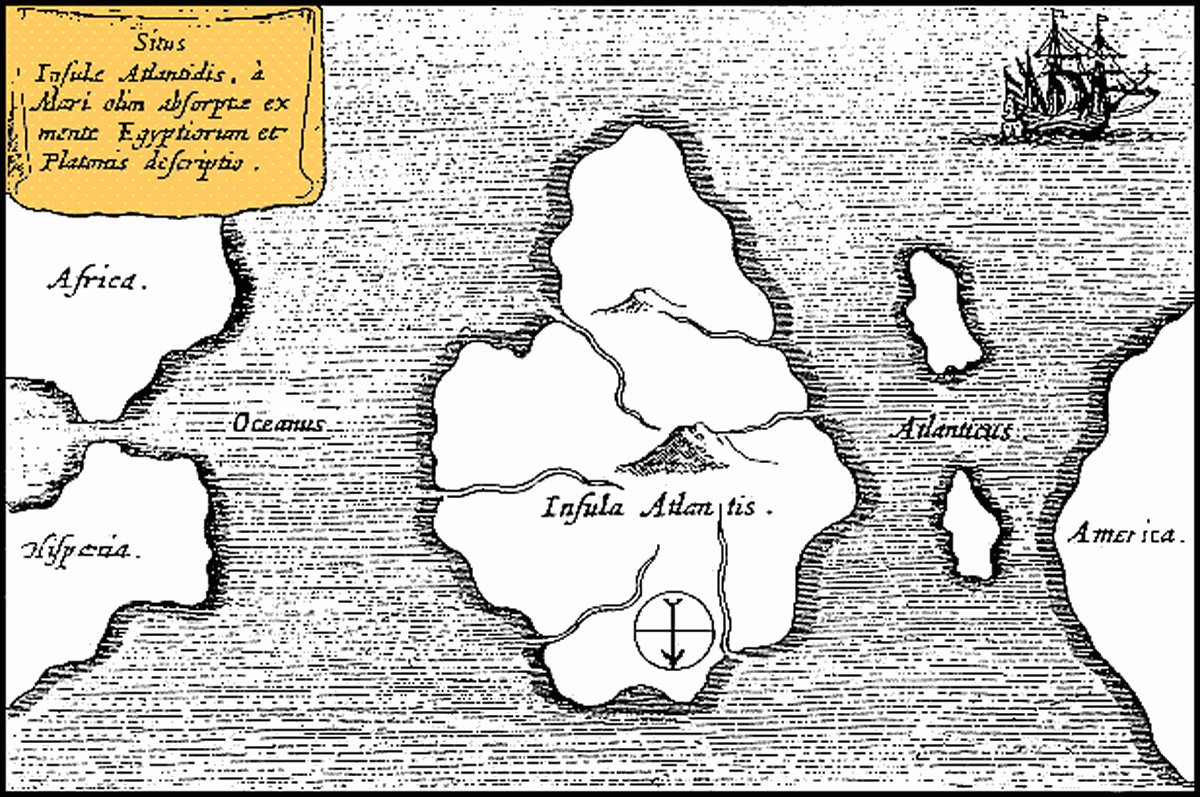 Gesüdete Kartendarstellung von Atlantis aus Athanasius Kirchers Mundus Subterraneus von 1665 (Lage der Insel Atlantis, die einst vom Meer verschlungen wurde, nach der Vorstellung der Ägypter und der B ...