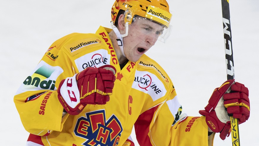 Biels Topscorer Janis Jerome Moser jubelt anlaesslich des Tors zum 1:4, waehrend dem Meisterschaftsspiel der National League zwischen den SCL Tigers und dem EHC Biel, am Freitag, 15. Januar 2021, im I ...