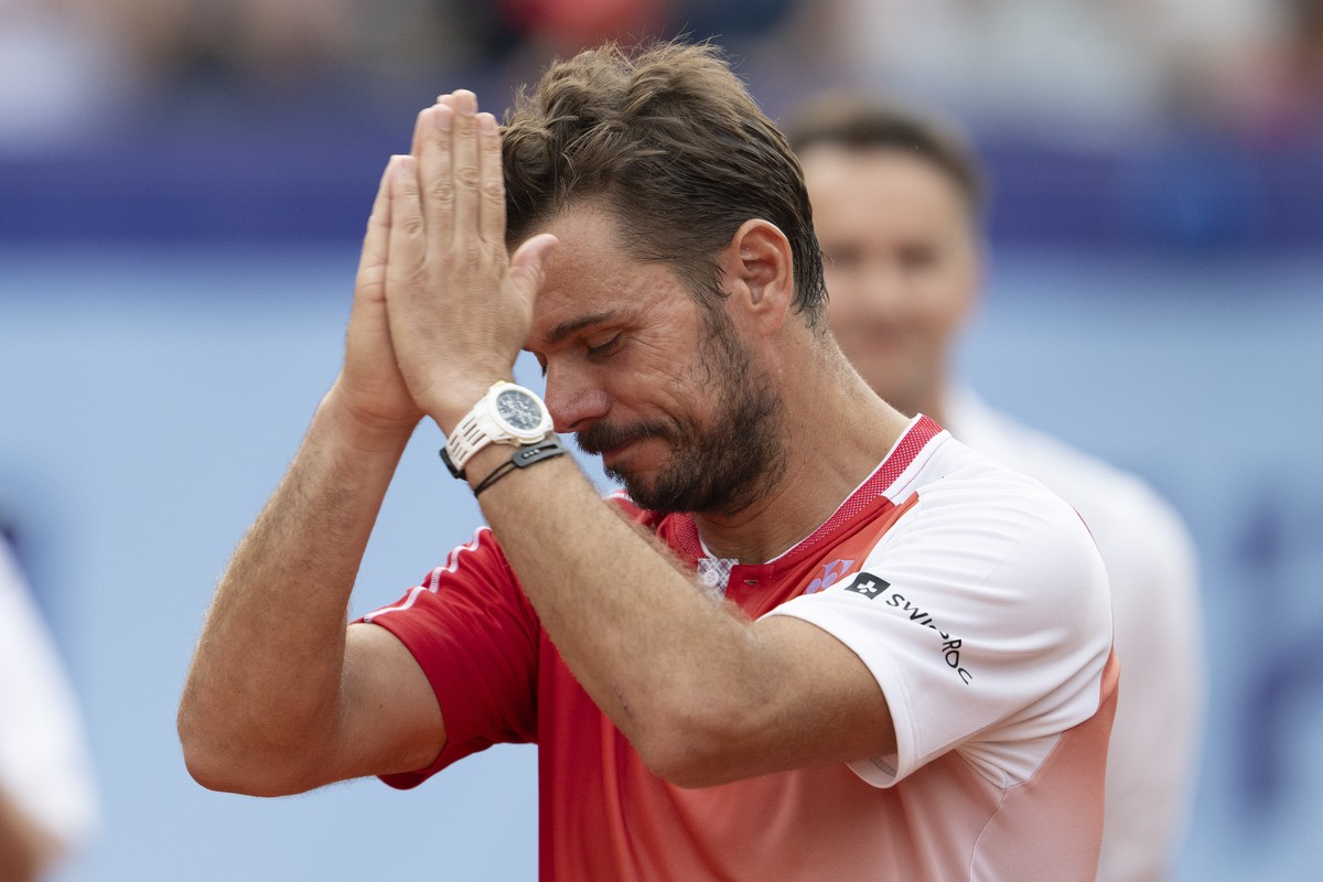 Stan Wawrinka of Switzerland reacts after his match at the Swiss Open tennis tournament in Gstaad, Switzerland, on Tuesday, July 14, 2026. (KEYSTONE/Peter Schneider)