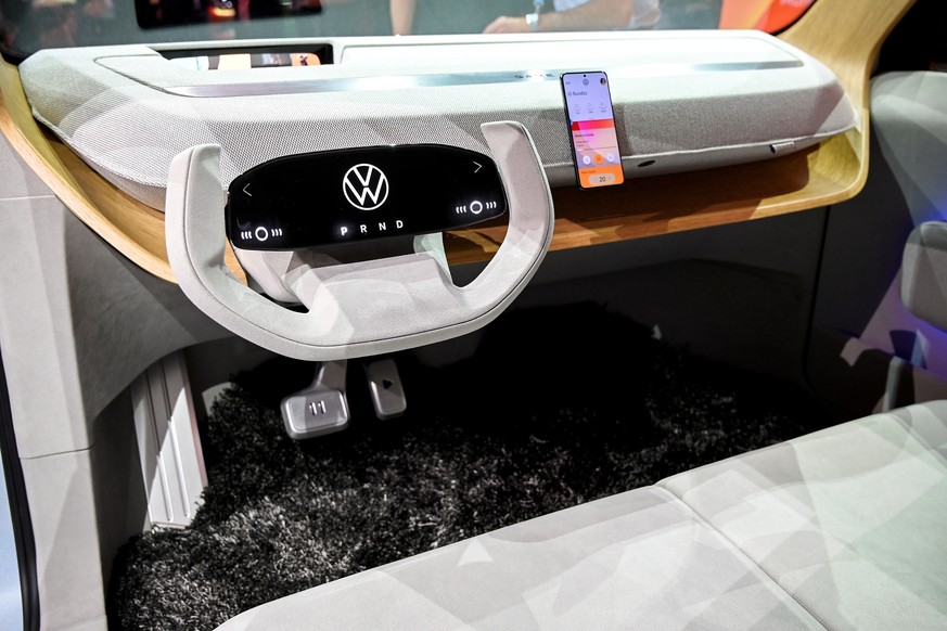 epa09451058 An interior view of the Volkswagen VW ID. Life on display at the first press preview day of the International Motor Show IAA in Munich, Germany, 06 September 2021. The 2021 International M ...