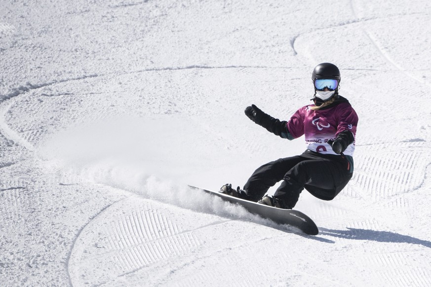 epa09798259 Romy Tschopp of Switzerland during a training session at the Genting Snow Park in Zhangjiakou, China, 03 March 2022, just a day before the start of the Beijing 2022 Paralympic Winter Games ...