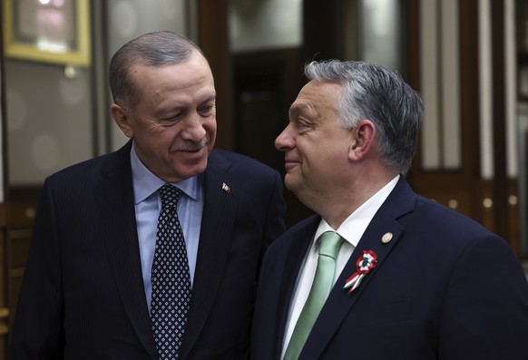 FILE - In this photo provided by the Turkish Presidency, Turkey&#039;s President Recep Tayyip Erdogan, left, and Hungary&#039;s Prime Minister Viktor Orban walk during a meeting in Ankara, Turkey, Mar ...