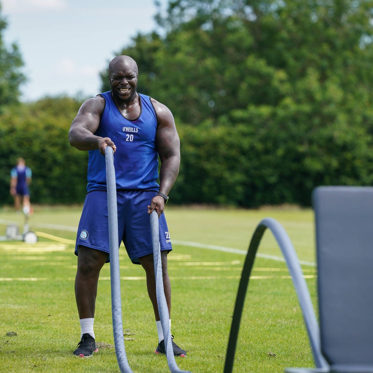 High Wycombe, England 15.06.2020 . Adebayo Akinfenwa of Wycombe Wanderers during week two of Wycombe Wanderers Football Club return to training following the decision to end the 2019/20 EFL League One ...